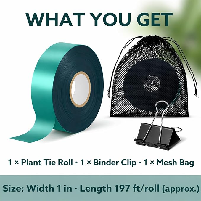 Plant Tie Tape, 1 in x 197 ft Stretchable Green Garden Tape for Plants, Soft Non-Adhesive PVC Plant Ties for Tomatoes, Grapes, Vines, Trees, Branches & Climbing Plants
