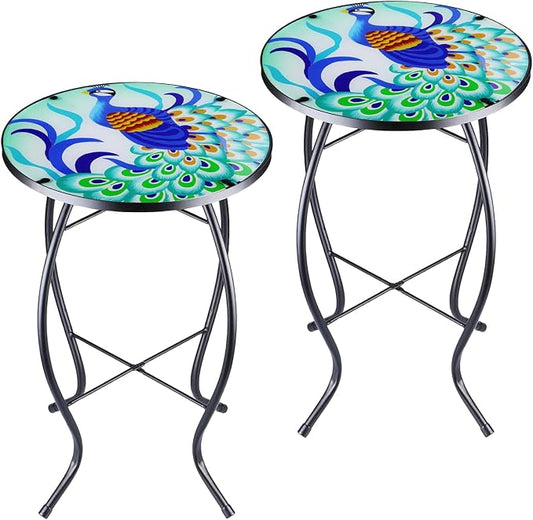 Arbuxzuy 2PCS 12 Inch Small Outdoor Side Table with Colorful Peacock, Glass Mosaic Patio Table Indoor, Round Plant Coffee Table for Living Room, Balcony, Garden