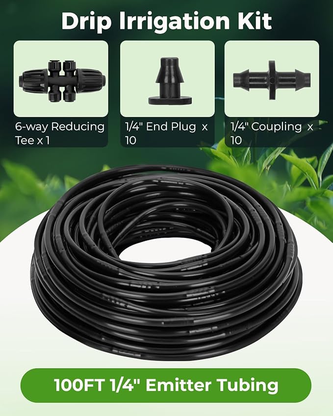 1/4" Drip Irrigation Tubing with 6" Emitter Spacing, (100 Ft Roll) Hydroponics Dripline, 1/4" Drip Irrigation Fittings Included, Drip Line for Irrigation, Window Boxes and Greenhouses (Black)