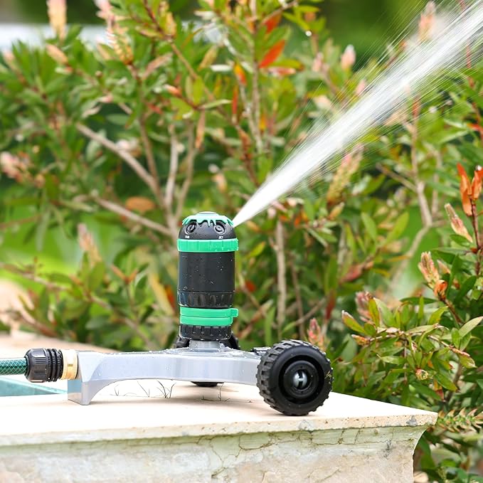 RESTMO Gear Drive Sprinkler with Wheeled Base, 5-Pattern Multi-Adjustable Lawn Sprinklers for Yard, Heavy Duty Watering System for Garden Plant, Flower Bed and Large Area Watering