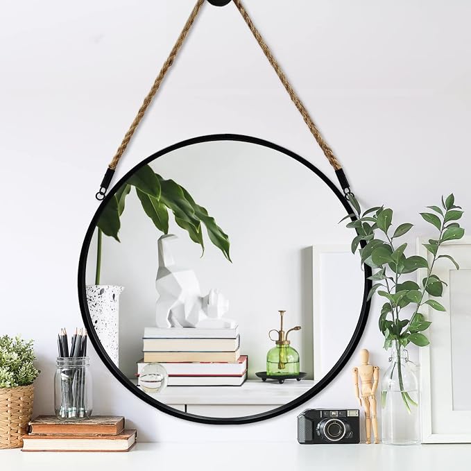 POZINO Round Hanging Mirror with Rope, 20" Farmhouse Decorative Mirror with Black Metal Frame, Circle Wall Mirror for Bathroom, Bedroom, Living Room, Entryway, Fireplace