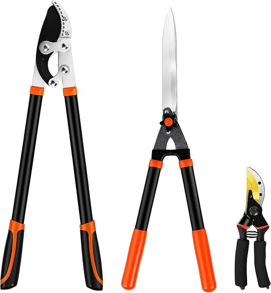 EWPJDK Loppers Hedge Shears & Pruners Combo Set 3-Piece Hedge Clippers, Heavy Duty Tree & Shrub Care Kit for Yard, Lawn & Garden, Professional Branch Cutter Tree Trimmer (Orange)
