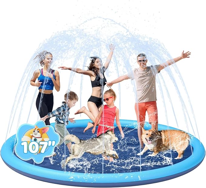 YSJILIDE Non-Slip Large Sprinkler Splash Play Mat,Splash Pad for Kids and Dog (Blue, 107“)