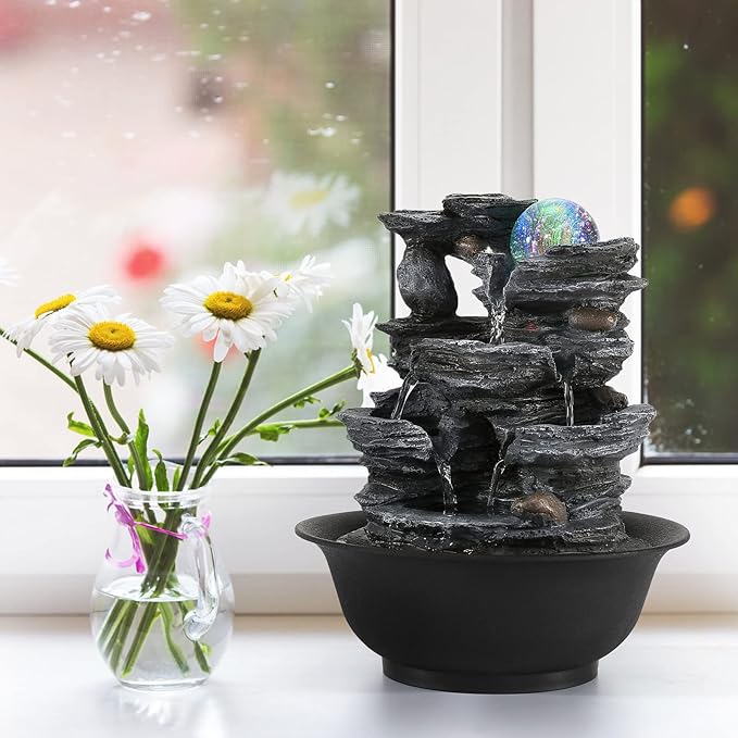 Dyna-Living Tabletop Water Fountain Indoor Waterfalls Fountains with Colored LED Light Decorative Feng Shui Tabletop Fountain with Automatic Pump Best Home Gifts for Friends or Family