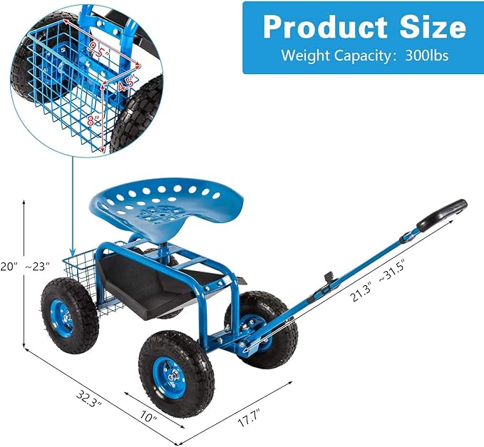 Peach Tree Garden Cart Rolling Work Seat Outdoor Utility Lawn Yard Patio Wagon Scooter for Planting, Adjustable Handle 360 Degree Swivel Seat Blue
