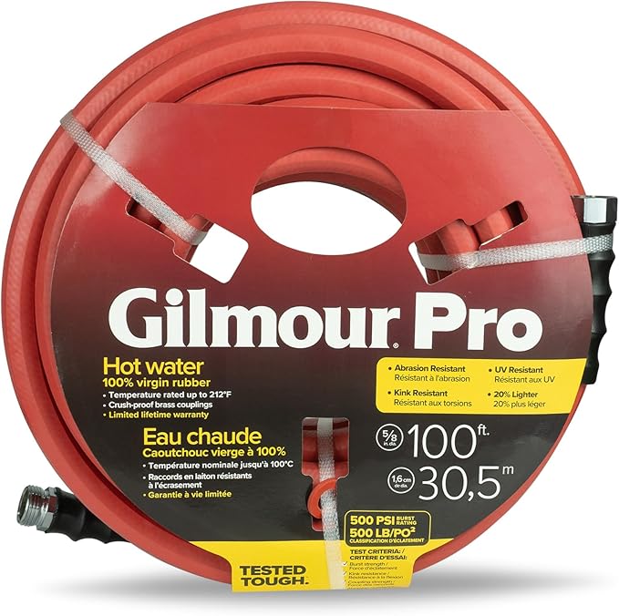 Gilmour Pro Rubber Hot Water Garden Hose – 5/8" x 100', Kink-Resistant, 400 PSI, Brass Fittings, Flexible in Cold, USA Made