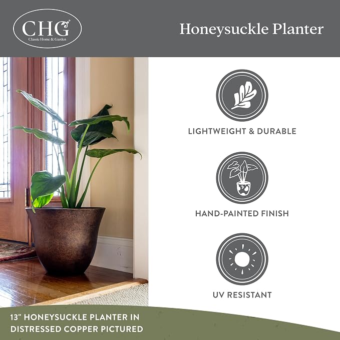 Classic Home and Garden by Growscape Honeysuckle Resin Planters - Lightweight Indoor & Outdoor Plant Pots - UV-Resistant Plastic Flower Pots - Pot Planters for Flowers & Herbs (15" Zinc Grey)