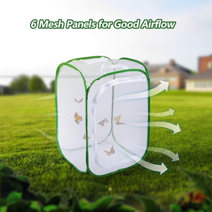 23.6" Large Butterfly Habitat Insect Cage Caterpillars Enclosure Pop-up Clear View 6 Mesh Panels 15.7 x 15.7 x 23.6 Inches Tall