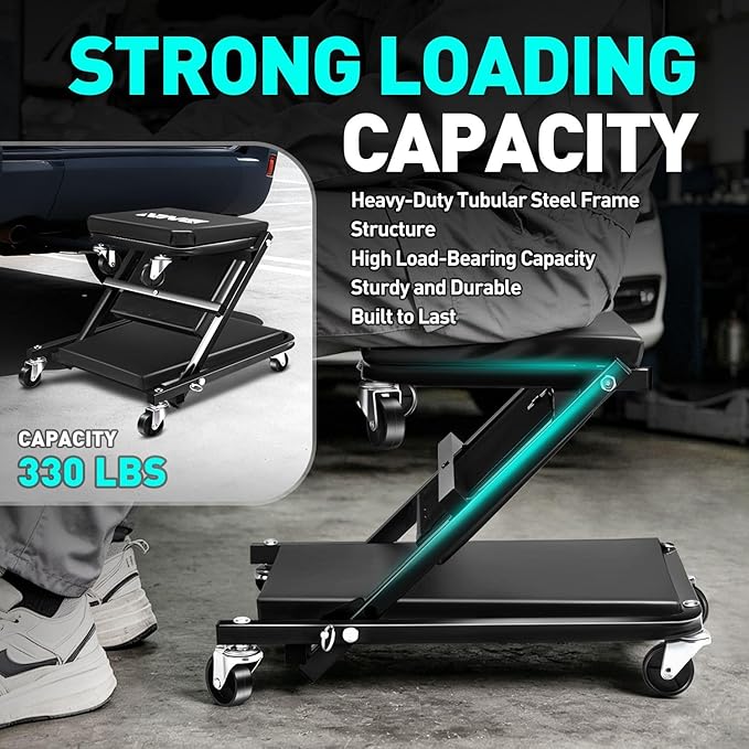 DNA Motoring 36 Inches Folding 2 in 1 Rolling Z Creeper, Adjustable Roller Garage Chair Lay Down or Sit, 6 Pcs Casters, 330 LBS / 150kg Weight Capacity, Black, TOOLS-00493