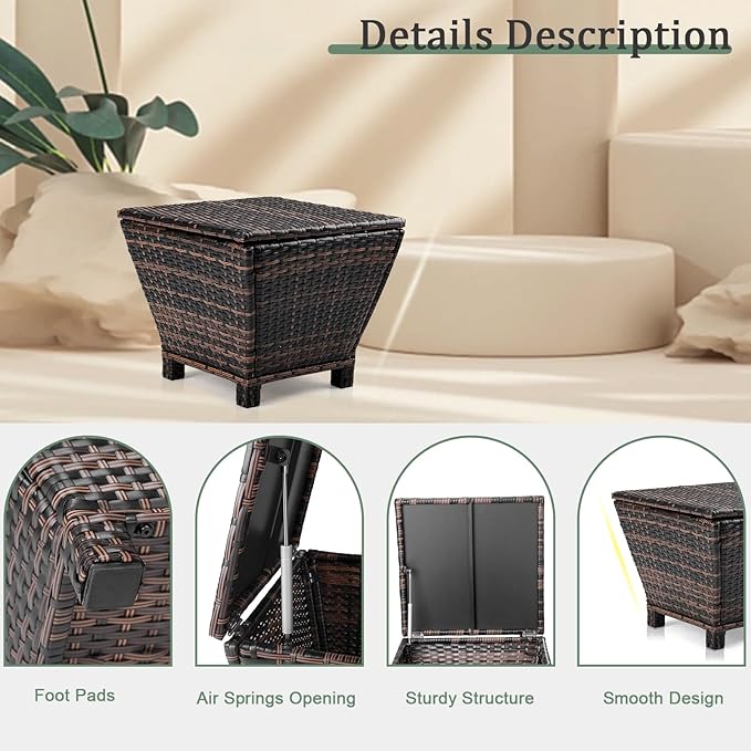 VINGLI Outdoor Side Table with Storage, 13-Gallon Patio Deck Box Outdoor Wicker Side Table for Poolside Balcony Storage Table (Brown, Trapezoid)