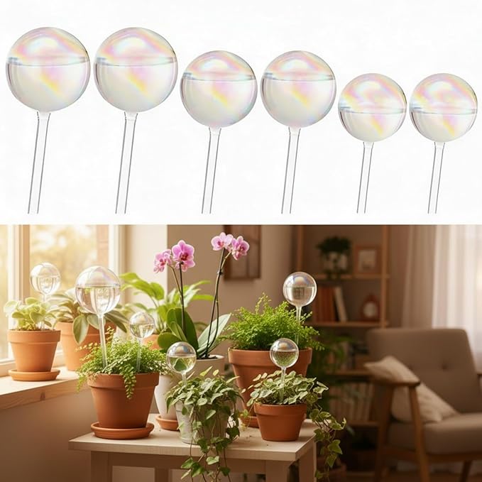 6 Pcs Iridescent Self Watering Globes Glass Rainbow Plant Self Watering Globes Planter Insert Large Automatic Plant Waterer Bulbs for Planter Indoor Outdoor Garden, 16oz, 13oz, 10oz