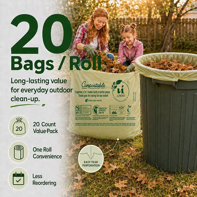 UNNI Compostable Lawn & Leaf Bags, 30-33 Gallon / 124 Liter, 40 Count Value Pack, Extra Thick 1.1 mil Yard Waste & Food Scrap Liners, BPI, CMA & OK compost HOME Certified (Meets ASTM D6400)