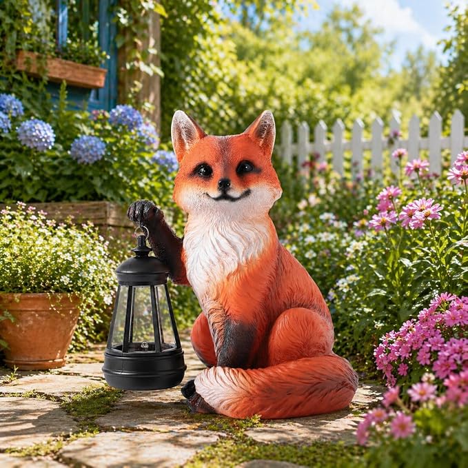 Solar Fox Garden Statue, 9 Inch Resin Animal Figurine with Lantern, Outdoor Solar Light Decor for Patio, Yard, Porch, Walkway, Lifelike Woodland Fox Sculpture for Garden Art (Red)