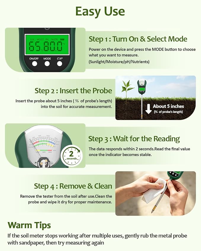 7-in-1 Soil Test Kit, Soil Moisture Meter/pH Meter/Light Intensity/Fertility/Air & Soil Hygrometer Temperature with Large Dual Display for Garden,Lawn, Farm, Indoor Outdoor Plants-OliveGreen