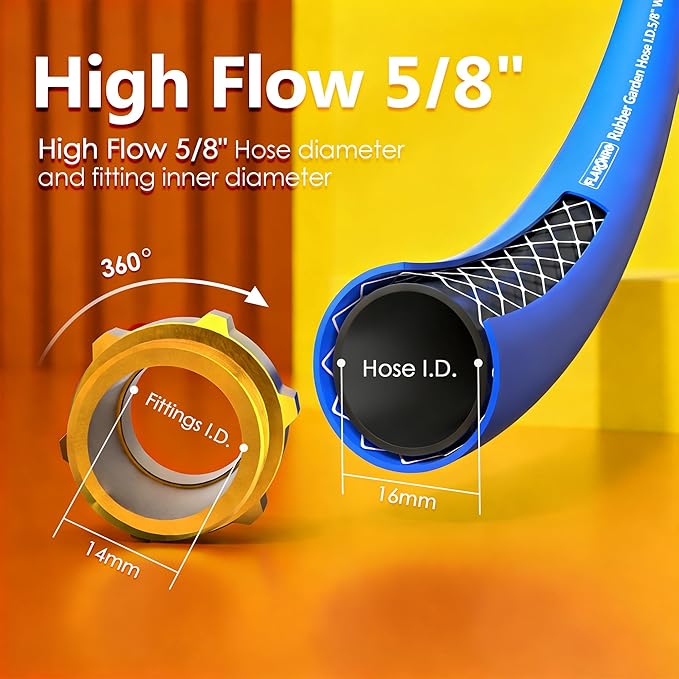 5/8 IN. × 75FT. Heavy Duty Rubber Garden Hose, High Flow 5/8" I.D. Brass Fitting No Memory Durable Heavy Duty Water Hose for Watering, Irrigation, Water Transfer Pump