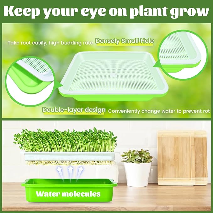 Legigo 5 Pack Green Seed Sprouter Trays- Soil-Free Cultivation Microgreens Tray, BPA Free Nursery Tray with Planting Paper for Indoors or Outdoors Sprouting Seeds, Grow Grass, Beans (Without Lids)