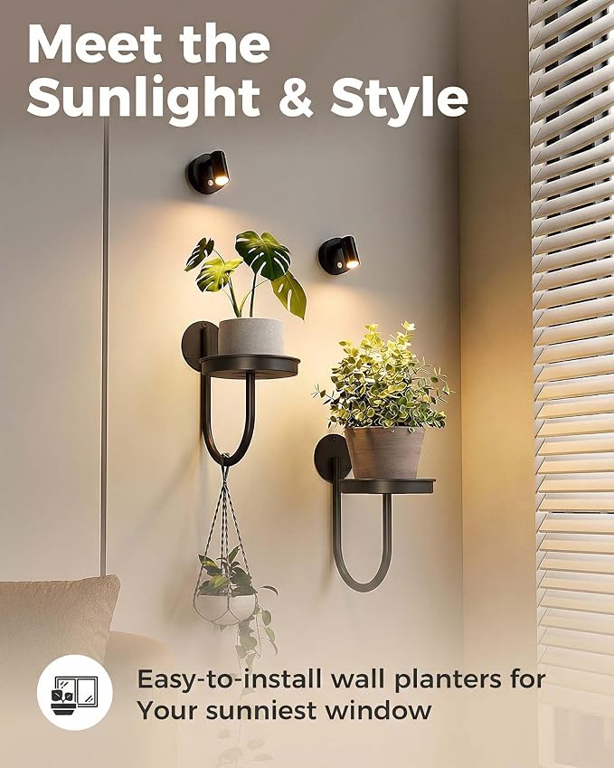 Leaf&lull Hanging Planters for Indoor Plants with Lights Wall Planter Holder Plant Stand Wall Hanging Decor 2 Pack Black
