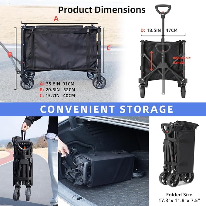 novelinks Foldable Utility Cart, Heavy Duty Collapsible Garden/Beach Wagon Supporting 440lbs, Outdoor Grocery Wagon with Brakes and Pocket, Sports Camping Shopping (Large 120L)