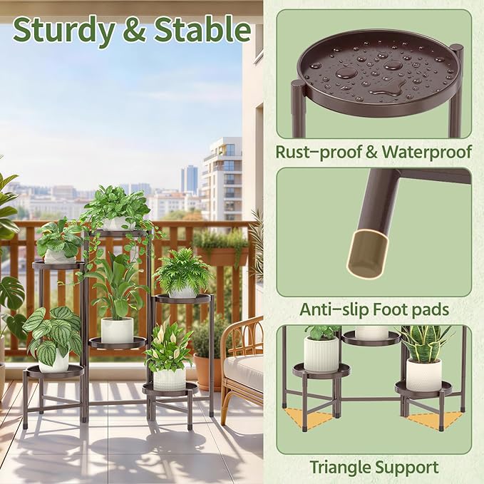 LASZOLA 6 Tier Large Plant Stand Indoor Tall with 10 Inch Metal Tray, Corner Folding Flower Display Rack, Modern Plant Holder Shelf for Outdoor Patio Porch Garden Office Living Room, Bronze