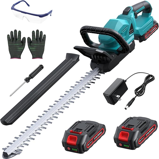22'' Cordless Hedge Trimmer with 2 Rechargeable Batteries & Charger, 3000RPM Brushless Electric Handheld Bush Clipper, 180° Rotatable Head, 2/3'' Blade Gap, Gardening Gifts for Father’s Day