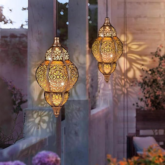 Hanging Solar Lantern Outdoor Decor 2Pack, 9.5In Moroccan LED Lights for Outside Garden Decorations, Waterproof Solar Lanterns Garden Gifts for Mom, Women, Patio, Yard (Copper)