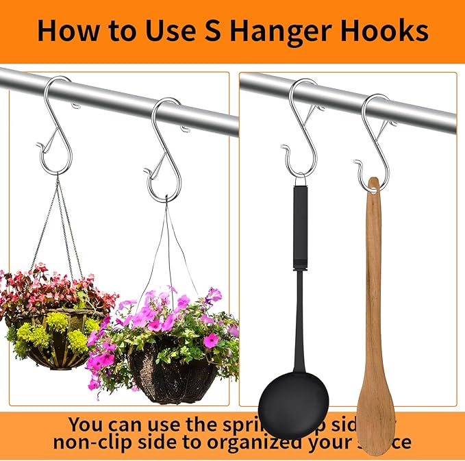 12 PCS S Hooks for Hanging with Safety Buckle, Metal S Shaped Hooks Fit for 0.5 Inch Rod Diamater, for Kitchen Utensil, Cups, Pots, Plants, Bags, Hats (Silver)