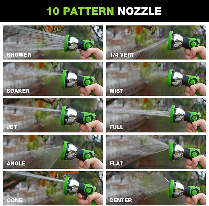 Besiter Garden Hose Nozzle, Hose Sprayer Nozzle with 10 Spray Patterns, Thumb Control On Off Valve, High Pressure Metal Water Hose Nozzle for Car Wash, Plants, Pets & Outdoor Cleaning, Green