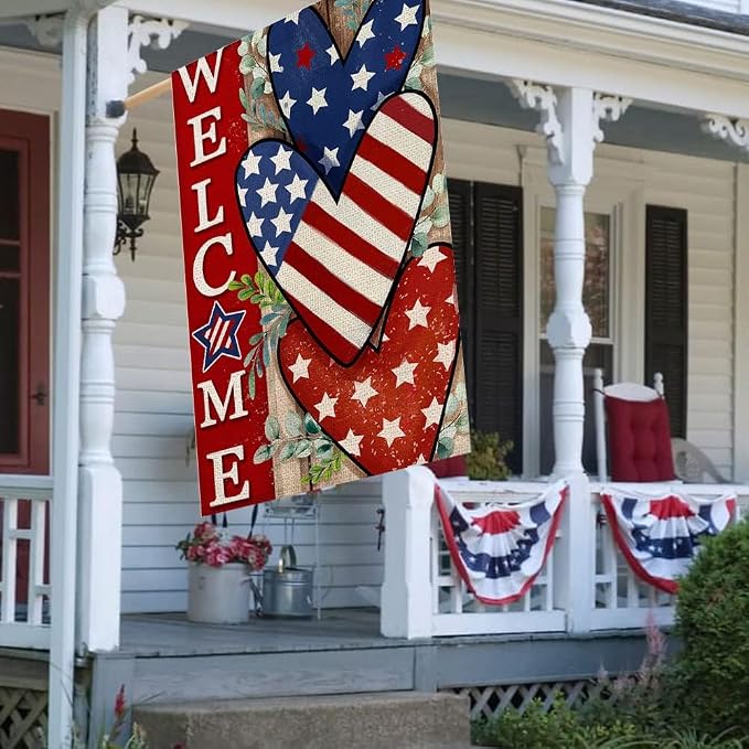 CROWNED BEAUTY 4th of July Patriotic Welcome House Flag 28x40 Inch Double Sided USA Hearts Blue Red Memorial Day Independence Day Outside Yard Party Decoration CF473-40