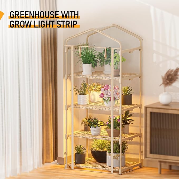 SPECILITE Indoor Greenhouse with Grow Lights - Adjustable 4 Tiers 27.6"L×19.3"W×61.4"H Mini Greenhouse with Zip PVC Cover and 45W Plant Light, Portable Green House with Timer for Winter &Indoor Plants