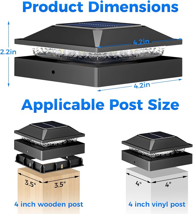 Peasur 4x4 Solar Post Cap Lights, 2 Modes 16 LED Post Solar Lights Waterproof, 12 Pack Black Fence Deck Lights Fit Wooden/Vinyl Post for Porch Patio