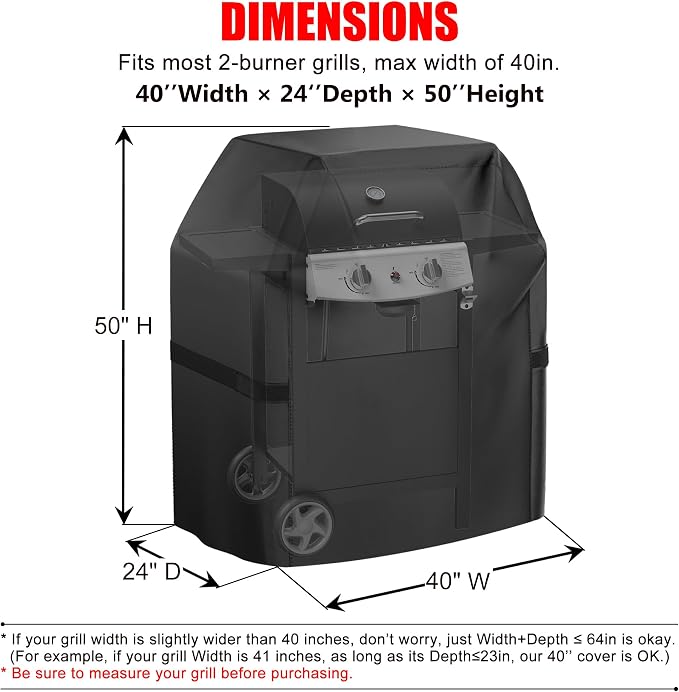 Grill Cover, 40 inch Heavy Duty BBQ Gas Grill Cover for Outdoor Grill, Waterproof, Weather Resistant, Anti-UV, Rip-Proof, Fade Resistant Barbecue Cover with Hook-and-Loop Straps for Most Grills