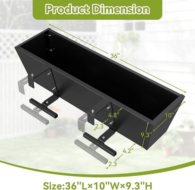 Railing Planter Box 36 Inch - Heavy Duty Metal Window Boxes, Deck Railing Planter Boxes with Adjustable Bracket & Drainage, Hanging Planter for Deck Railing Balcony & Patio