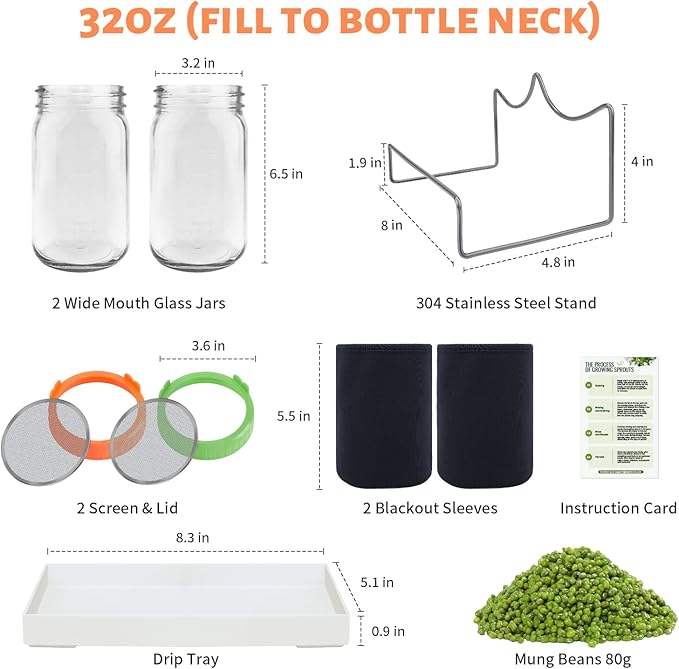 Seed Sprouting Jar Kit with Mung Beans 2.9oz, 2 Wide Mouth Mason Jars with Sprouting Lids, Drain Tray Blackout Sleeves, Sprouts Growing Kit for Growing Bean, Broccoli, Alfalfa, Radish Sprout Seeds