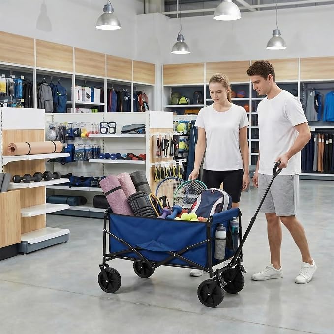 OLIXIS Collapsible Wagon 102L Standard Heavy Duty Utility Folding Wagon Cart with Lockable Brake Wheels – 330 lbs Weight Capacity, Flexible Handle for Beach, Grocery, Camping, Sports & Garden, Blue