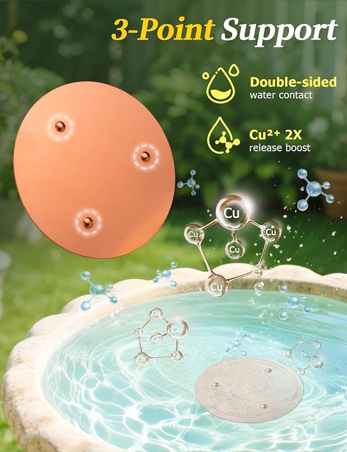 Mellbree 4-Pack Bird Bath Copper Disc, 0.6mm Reinforced 99.99% Pure Copper Cleaning Disk with Triple-Point Support for Physical Safe Clean Water All-Season (Sunflower)