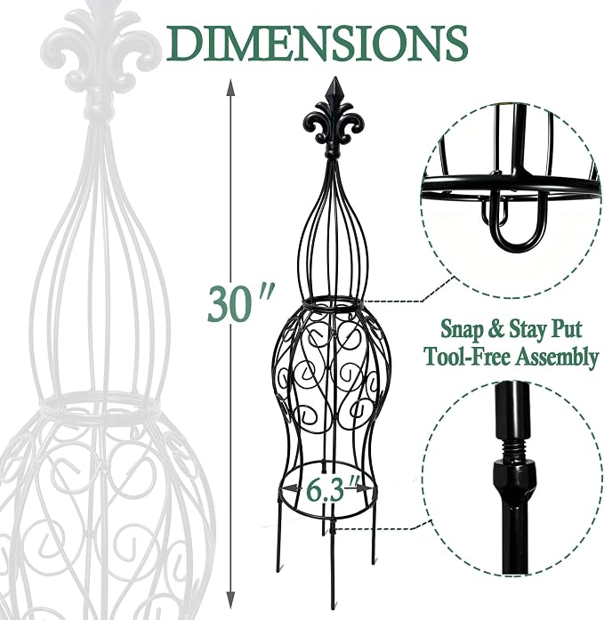 2-Pack Garden Obelisk Trellis for Climbing Roses & Flowering Vines, 30" Tall Iron Plant Support, Tool-Free Snap Assembly, Decorative Outdoor Accent for Patio Planters & Entryways