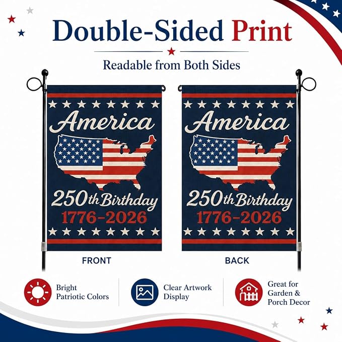USA 250th Anniversary Garden Flag 12x18 Double-Sided, Patriotic Outdoor Yard Decor 1776-2026 for 4th of July Independence Day, Summer Outside Porch Decorations
