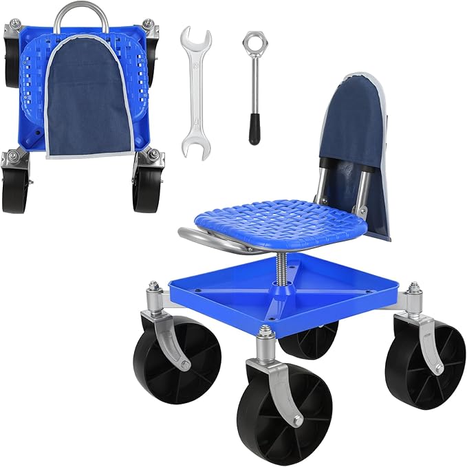 Cuteam Rolling Gardening Seat, Height Adjustable Garden Work Seat with Wheels, Heavy Duty Garden Tool Cart with Storage Tray for Seniors Yard Patio Work, 330 Lbs Capacity (Blue)