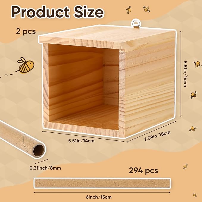 2 pcs Mason Bee House and 294 pcs Mason Bee Tubes 6 Inches Outdoor Beekeeper Cardboard Tubes Replacement Nesting Refill for Outdoors Garden Wooden Insect Hotel