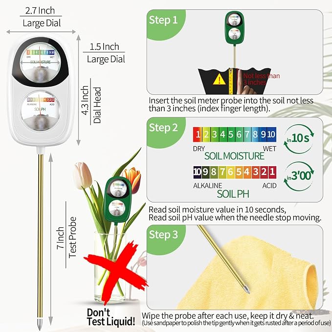 Soil Test Kit, 2-in-1 Soil Moisture Meter, Soil pH Tester, Large Dual Dial Soil Meter for Plants, Garden Soil, Lawn, Farm, Outdoor & Indoor Use-Muted White