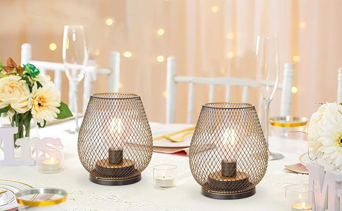 Set of 2 Battery Operated Lamp LED Table Lantern, Golden Metal Cage Cordless Lamps with LED Bulb，Vintage Decorative Outdoor Lantern for Weddings, Parties, Patio, Events for Indoor Shelf Decor