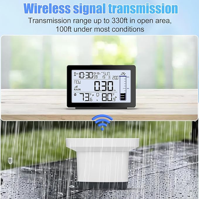 Digital Rain Gauge Outdoor with Thermometer, Self-Emptying Wireless Rain Gauges Outdoors Best Rated, Freeze Proof Automatic Rain Measure Gauge for Yard, High Precision Electronic Rain Collector