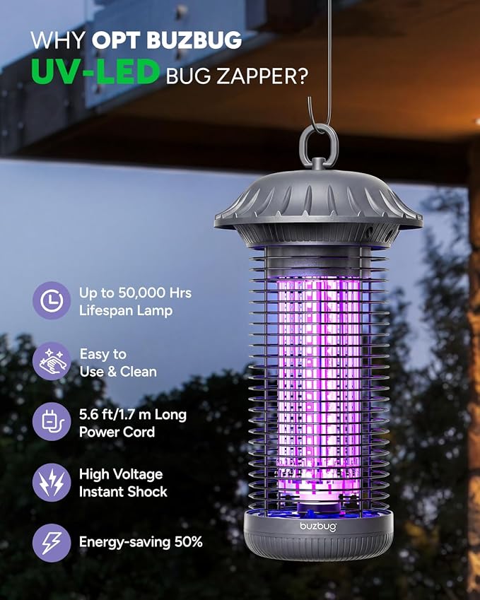 Buzbug LED Bug Zapper Indoor Outdoor, Up to 50000 Hrs Lifespan Lamp, Energy Saving & Dual Band Attraction, 5.6 ft Power Cord, High Voltage Mosquito Fly Zapper Trap Killer -MO008C (Pewter)