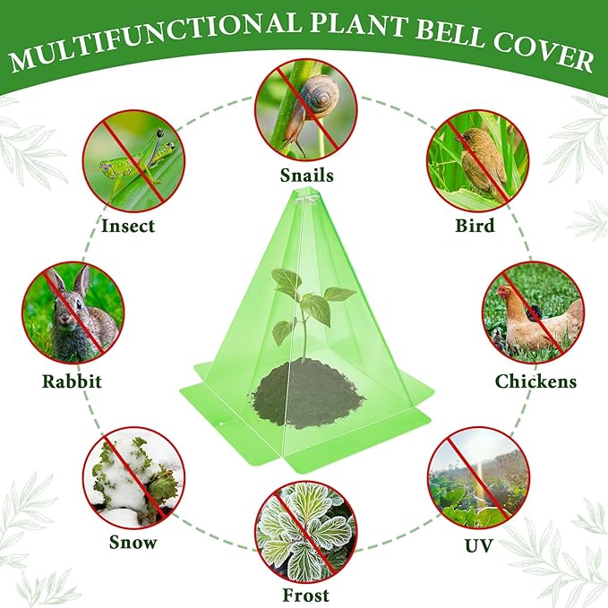 Garden Cloches for Plants, 50 Pieces Reusable Plastic Plant Seedling Protector with 100pcs Metal Stakes, Green Transparent Bell Jar Cloches to Protect Plants from Birds, Slugs, Sun, Freeze Weather