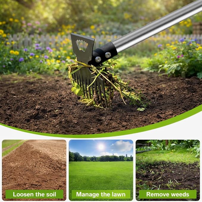 Weed Puller Tool with 61" Long Handle, 2-in-1 Garden Hoe & Weed Rake, Heavy Duty Manual Weeder for Yard, Lawn, Patio and Garden