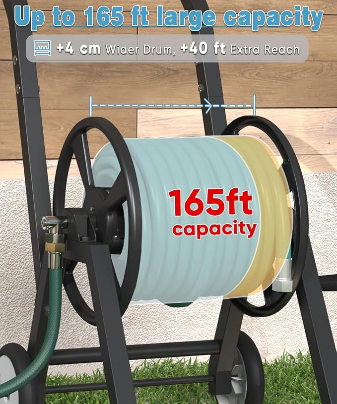 Artigarden Garden Hose Reel Cart with Wheels, Holds 165 ft of 5/8’’ Hose Outdoor Heavy Duty Powder-coated Steel Water Storage Holder Rack with 3.9 Ft Leader Hose for Outside Lawn Yard, Black