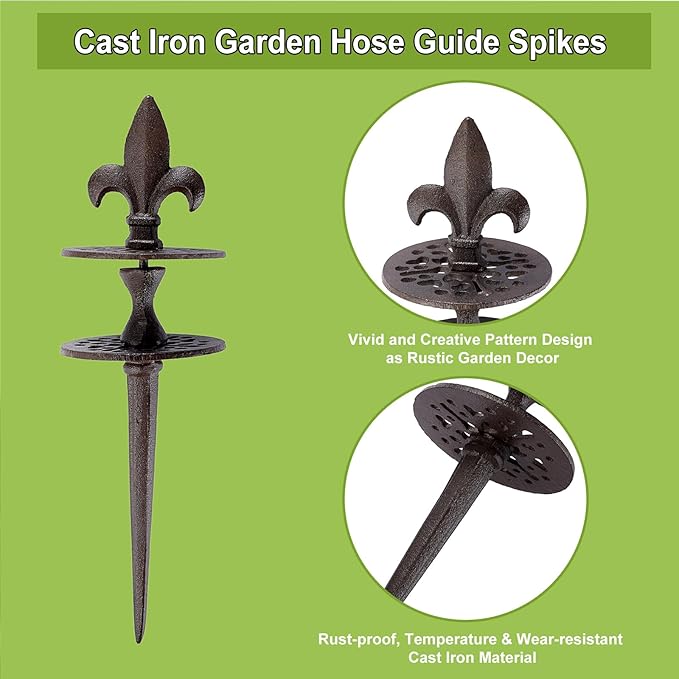 OwnMy Set of 2 Cast Iron Garden Hose Guide Stakes Heavy Duty, Decorative Garden Hose Guide Spikes for Lawn Yard Outside Plants Protection - Keeping Hoses Away from Flower Beds, Spear-Pattern