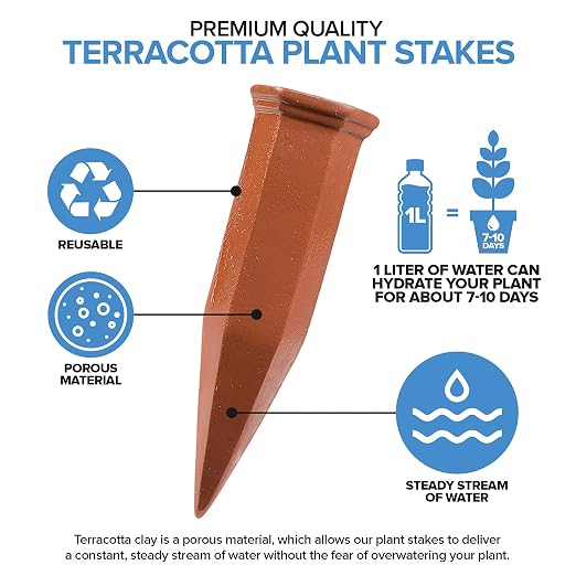 Modern Innovations Ceramic Terracotta Self Watering Spikes (6 Pack) Vacation Automatic Plant Waterer Devices, Indoor/Outdoor Planter Insert, Terra-Cotta Stakes for Potted Plants, Auto-Water System