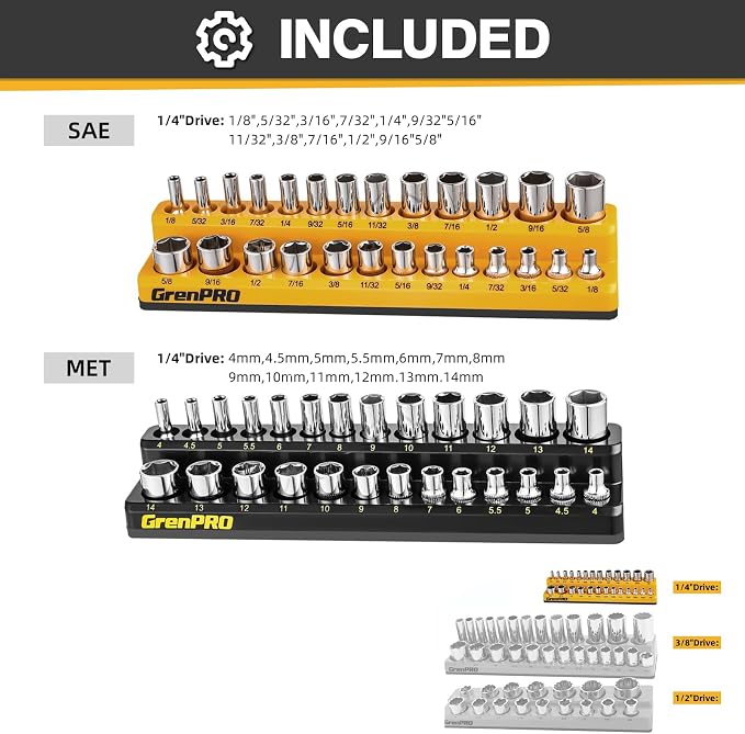 GRENPRO Socket Organizer, 2-Piece Drive SAE & Metric Socket Holder, 1/4" Tray Holds 52 Sockets(Socket Not Included)
