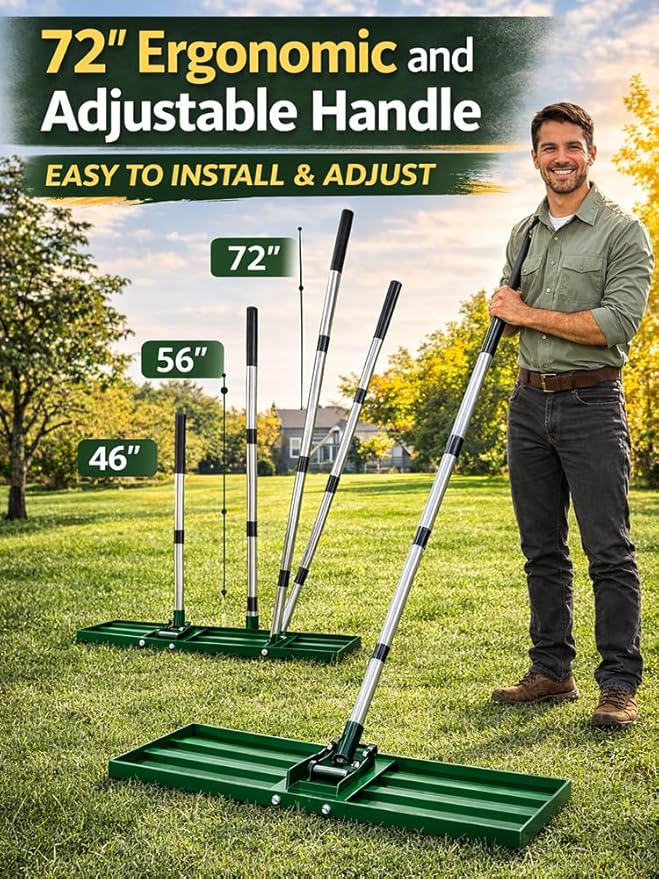 Lawn Leveling Rake, 30x10 inch Adjustable Lawn Leveler for Yard & Garden, Heavy Duty Stainless Steel Handle, Effort Saving Soil & Dirt Leveling Tool for Lawn Top Easy Dressing-Green